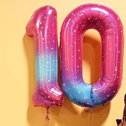 Gradient Rainbow 4 Balloons, 40 Inch Large Blue Pink Purple Foil Number Balloons Set 0-9, Self Inflating Starry Digital 4 Helium Balloon for Girls Women Birthday Anniversary Party Decorations Supplies