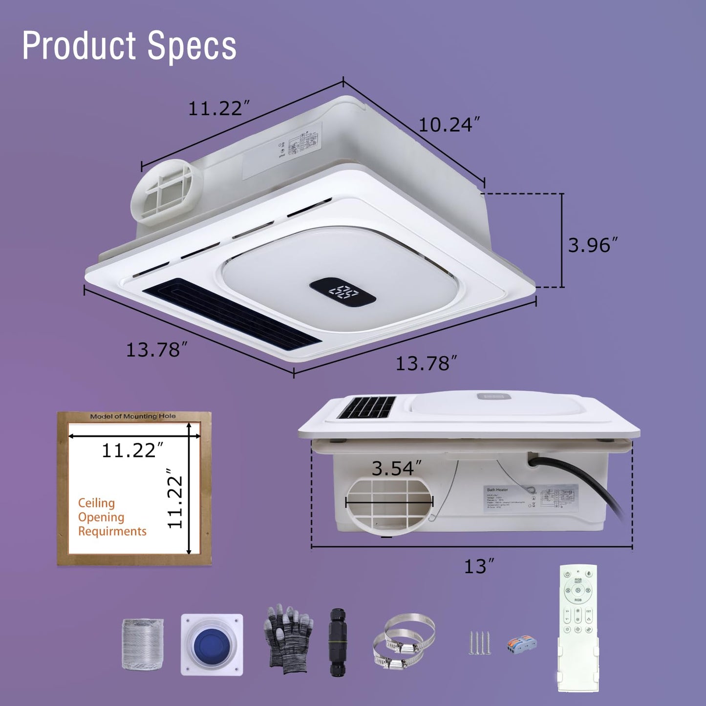 ScaleBelly Smart 5-in-1 Bathroom Exhaust Fan with Light, 180 CFM, 1.0 Sone Quiet Vent Fan, 7 LED Colors & Nightlight, Heater, Bluetooth Speaker & Remote Control for Heating, Ventilation, and Music