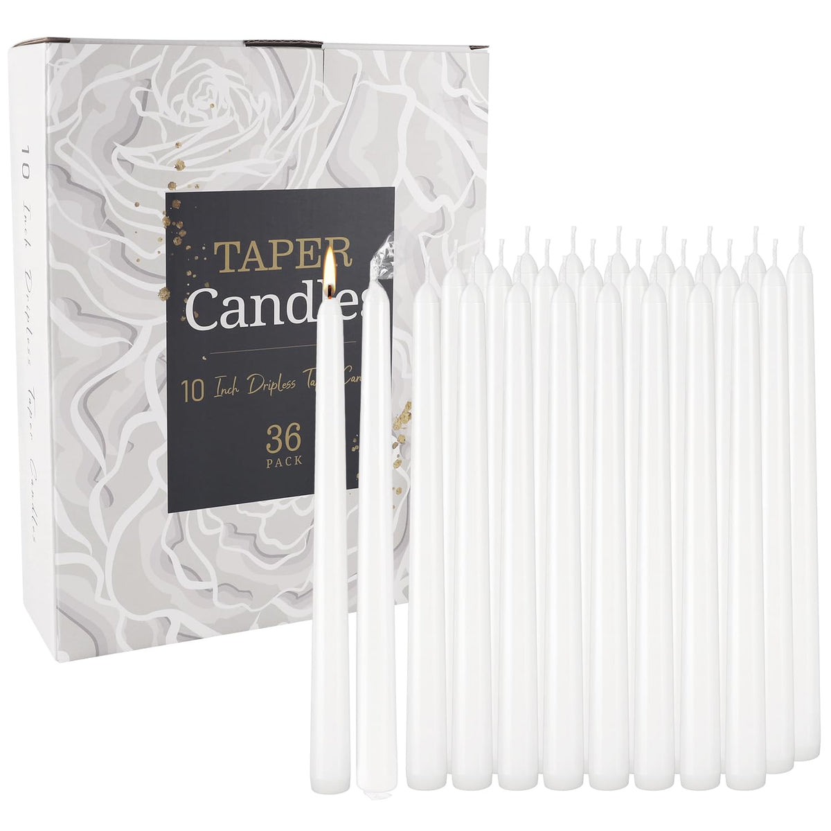 Grcdoyvl 36 Pack White Taper Candles 10 Inch - Premium Unscented Dripless & Smokeless Long-Burning Candles for Wedding Decor, Fine Dining, Candelabras, Romantic Dinner, and Elegant Home Decor