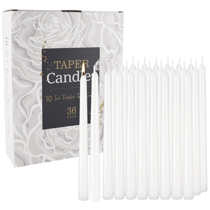 Grcdoyvl 36 Pack White Taper Candles 10 Inch - Premium Unscented Dripless & Smokeless Long-Burning Candles for Wedding Decor, Fine Dining, Candelabras, Romantic Dinner, and Elegant Home Decor