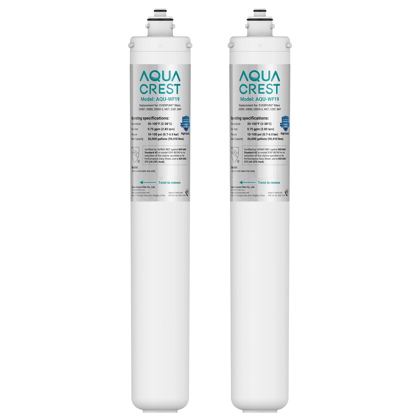 AQUA CREST I2000 2 Under Sink Water Filter, Replacement for Everpure I2000 2, EV9612-22, MC2, ESO7, MH2, EV9612-56, EV9607-25, EV9613-21, NSF/ANSI 42 Certified, 26000 Gallons, 2 Pack