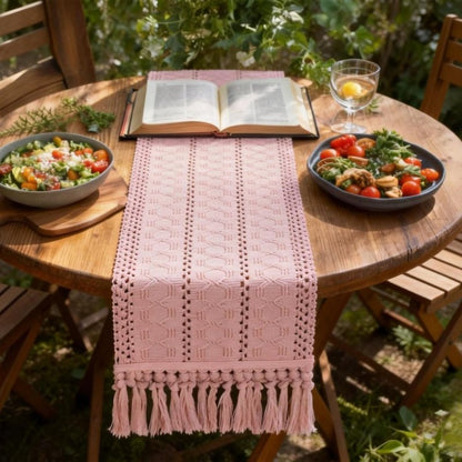 Socomi Boho Table Runner Summer Farmhouse Rustic Dining Kitchen Centerpiece Decor Long Macrame Woven Cotton Linen Coffee Table Runner for Dresser Scarf Home Decor 12x108 in Pink