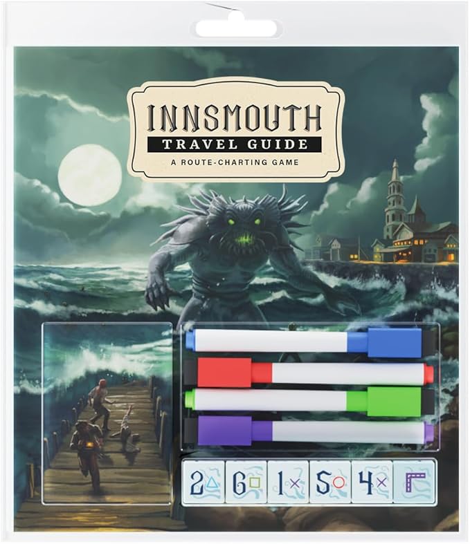 CrowD Games | Innsmouth Travel Guide | 1-4 Players | Ages 14 and up | Roll and Write | Tourism | Route Building | Lovecraft | Solo Mode Included | Average Playtime 30 min