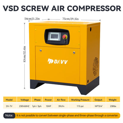 208-230V Universal Variable Frequency Motor Rotary Screw Air Compressor - 10HP/7.5KW Single/Three-phase compatible - 39CFM@115PSI Base Mounted Commercial Air Compressed System