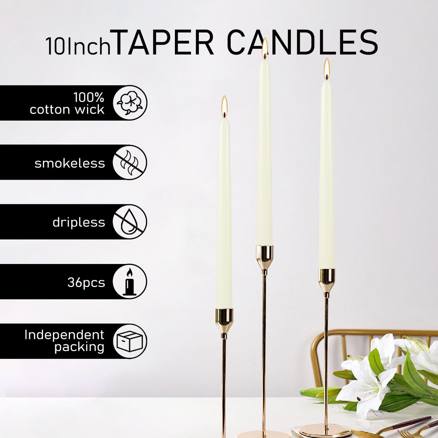 Grcdoyvl 36 Pack Ivory 10-Inch Taper Candles - Premium Dripless, Smokeless & Unscented for Wedding Decor, Romantic Dinner, Party & Home - Long Burning Hand-Poured Tall Candles with Clean Finish