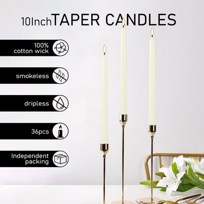 Grcdoyvl 36 Pack Ivory 10-Inch Taper Candles - Premium Dripless, Smokeless & Unscented for Wedding Decor, Romantic Dinner, Party & Home - Long Burning Hand-Poured Tall Candles with Clean Finish