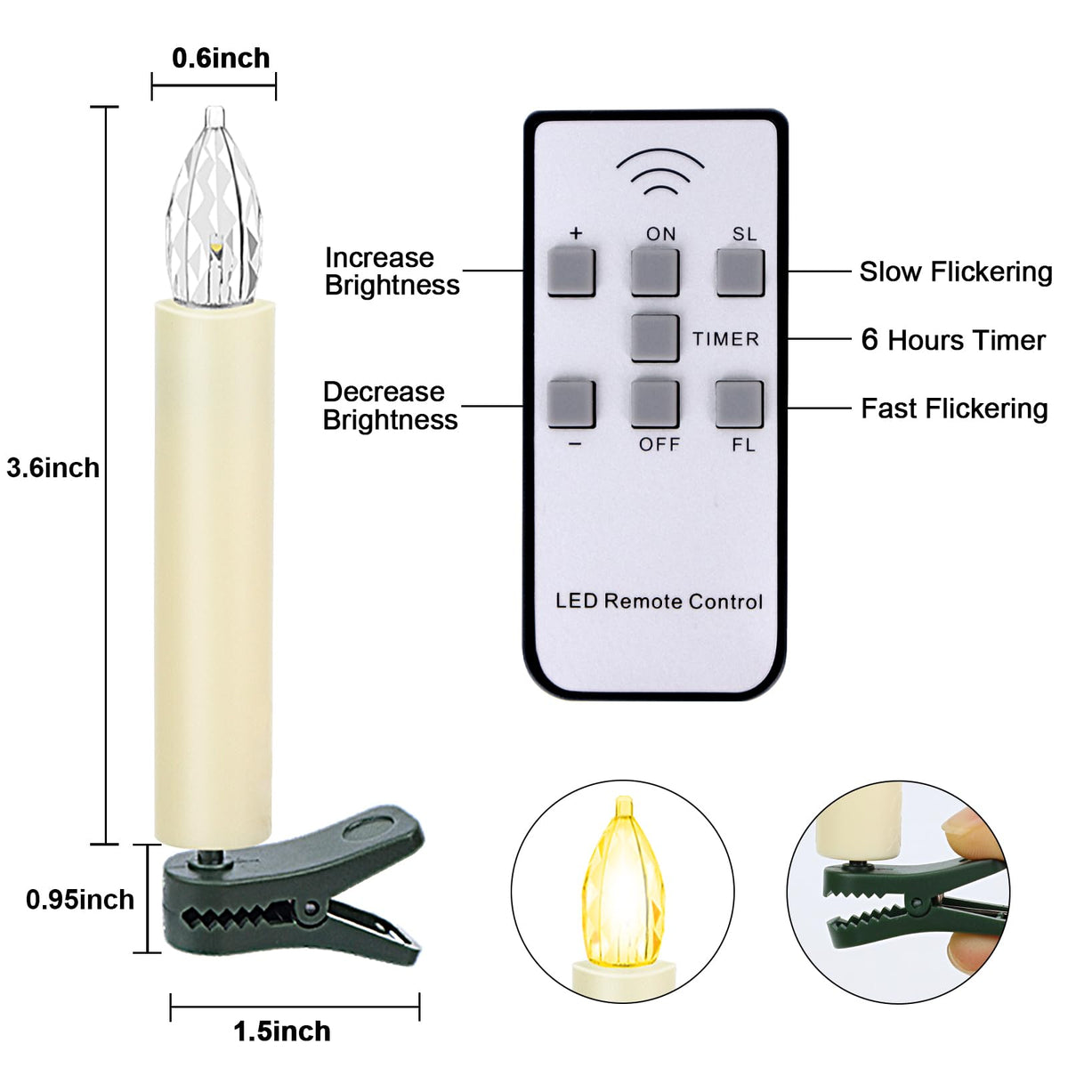 Kuandawei LED Christmas Candles, Flickering Clip on Candles for Christmas Tree, Battery Operated with Remote Timer, Warm White Light, Flameless Taper Candle for Home Christmas Decor, Set of 20
