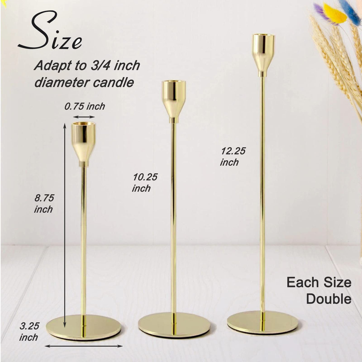 6Pcs Lemon Gold Candlestick Holders, Tall Taper Candelabra Stands fits 3/4 inch Thick Pillar Candle Stick, Elegant Decor Set for Table Centerpiece, Floor, Fireplace as Date, Festival, Fitting.