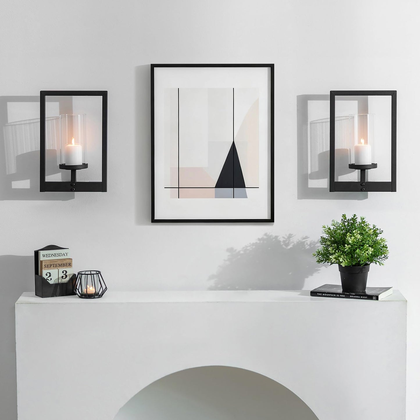 Walasis Black Candle Sconces Wall Decor: Set of 2 Wall Candle Holder with Hurricane for Living Room Hallway - Wall Mounted Minimalism Decorations Metal Morden Style Frame for Home