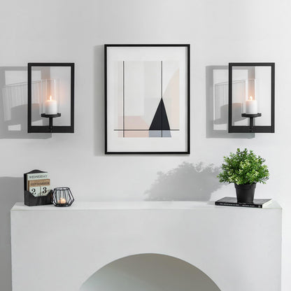 Walasis Black Candle Sconces Wall Decor: Set of 2 Wall Candle Holder with Hurricane for Living Room Hallway - Wall Mounted Minimalism Decorations Metal Morden Style Frame for Home