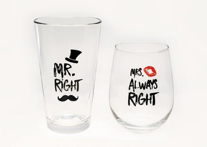 Funny Mr. Right and Mrs. Always Right Novelty Wine Glass and Beer Glass | Includes Fun, Stylish Gift Box | For Weddings, Engagement, Newlywed, Bachelorette, Anniversary, Couples Gifts