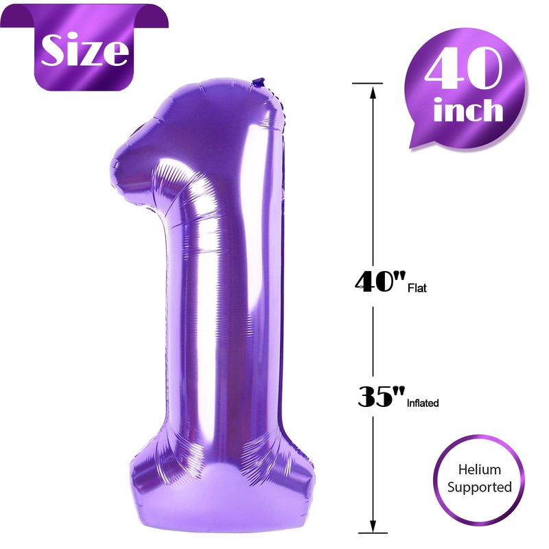 Purple Number 1 Balloon 40 Inch, 1st Birthday Balloon for Baby Boy Girl Toddler First Birthday Decorations, Shiny Purple Party Supplies