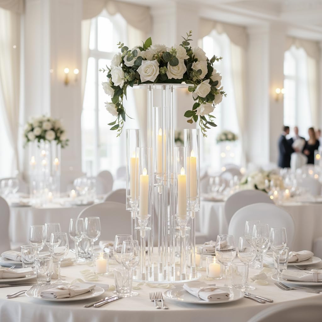 Fullvaseer 1PCS 5 Arm Candelabra,Clear Centerpiece for Table,Acrylic Centerpiece Stand for Wedding Reception,Acrylic Candle Holder for Event Celebration Wedding Birthday Home,Christmas