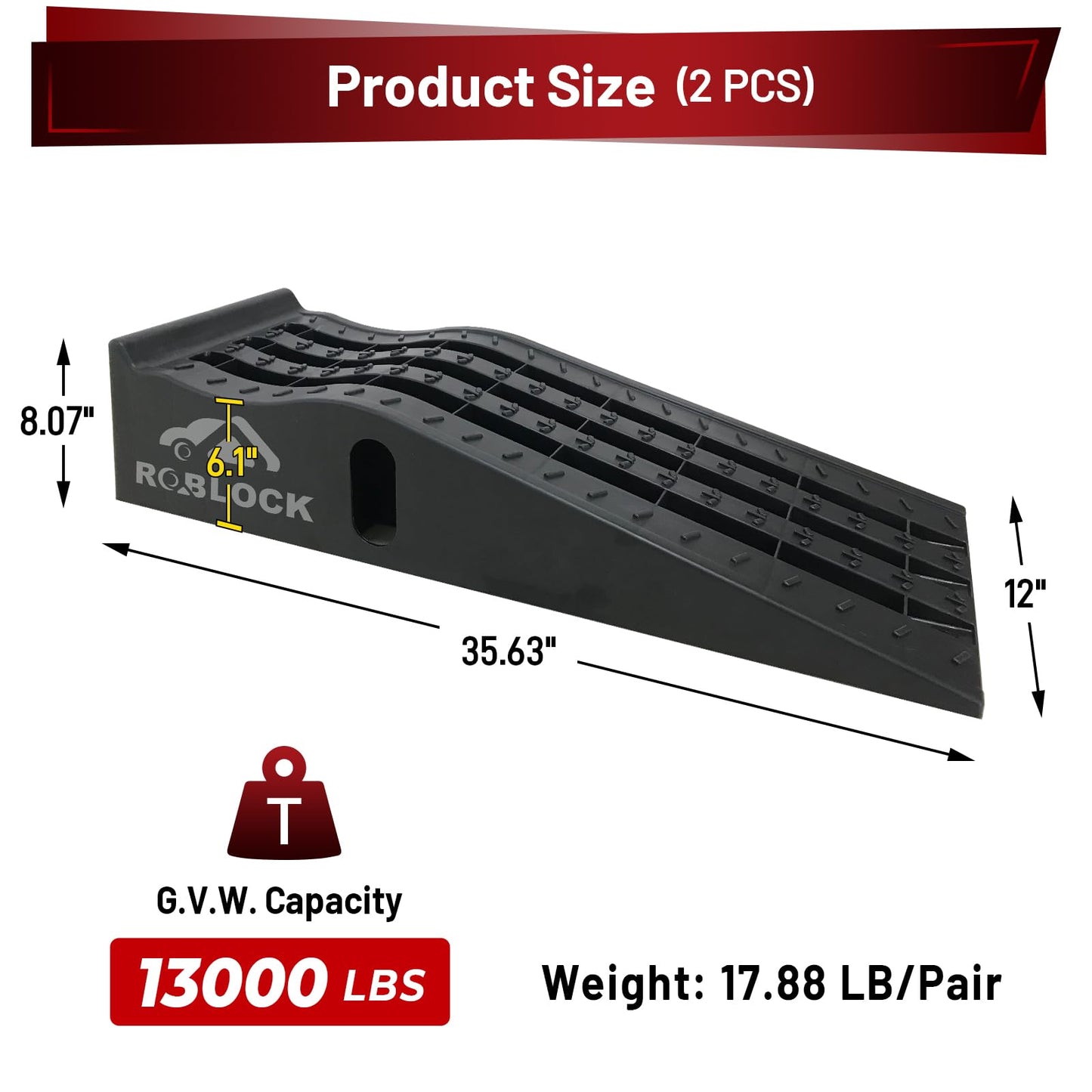 ROBLOCK Heavy Duty Low Profile Car Ramps for Oil Changes, Portable Car Ramps for Low Cars High Lift and Jack Support, Vehicle Ramps for Garage, 35.63''x12''x8.07'', G.V.W 13000 LBS, 2 PCS
