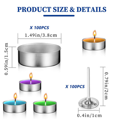 TEHAUX 100pcs Aluminum Tea Lights Cups, Empty Case Candle Wax Containers with 100pcs Candle Wicks, Metal Tea Light Tins for Wedding Centerpieces, Party, Dinner, Home Decor
