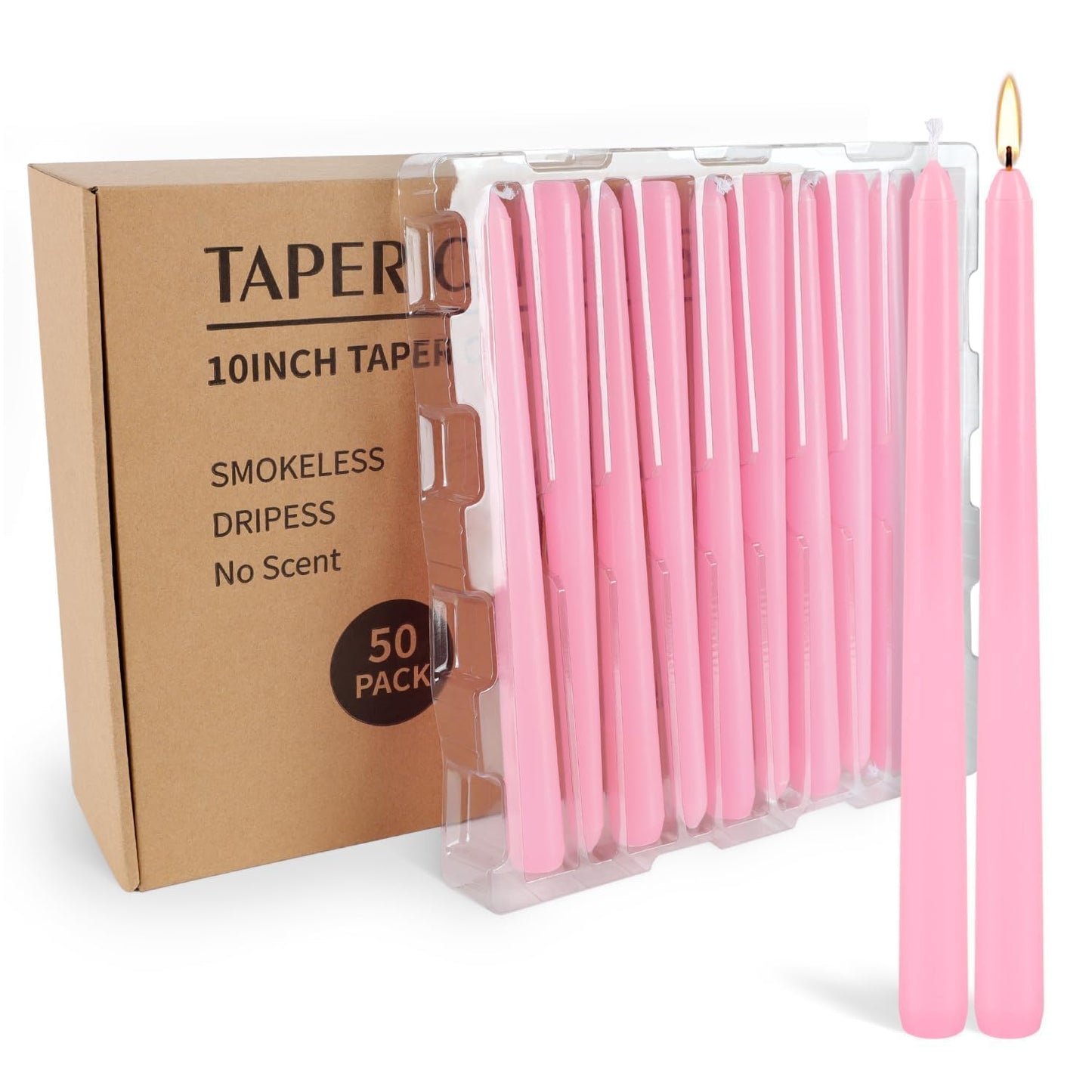 50-Pack Pink 10-Inch Taper Candles: Unscented Dripless Candlesticks with 8-Hour Burn Time - Elegant Dinner Candles for Valentine's Day, Romantic Dinners, Wedding Centerpieces, & Special Event Decor