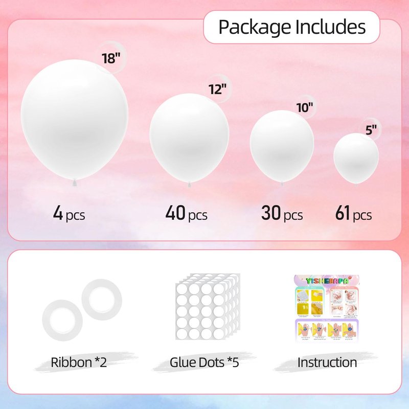 135pcs White Balloons Different Sizes 18" 12" 10" 5" White Latex Balloon Garland Arch Kit for Boys Girls Birthday Baby Shower Wedding Anniversary Graduation Party Decorations
