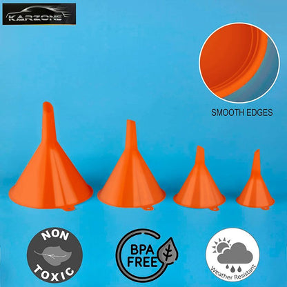 KarZone Oil Funnel Set (Orange, 4-Pack) – Plastic Funnels for Automotive Use – Funnels for Kitchen Use Filling Bottles and containers – Funnel for Water Bottles, Gas, Car Oil, Lubricants and Fluids