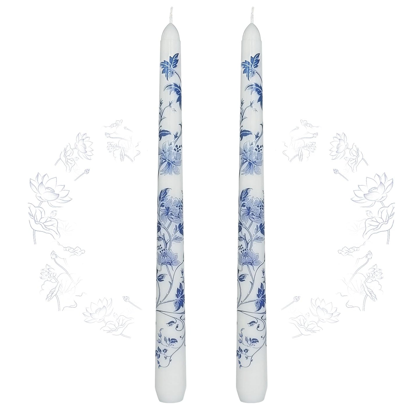 Blue and White Porcelain Taper Candles 10 Inch Print Candle Handmade Unscented Lotus Pattern Long Candles 2 Pack Twisted Candlesticks for Wedding Home Decoration Gifts