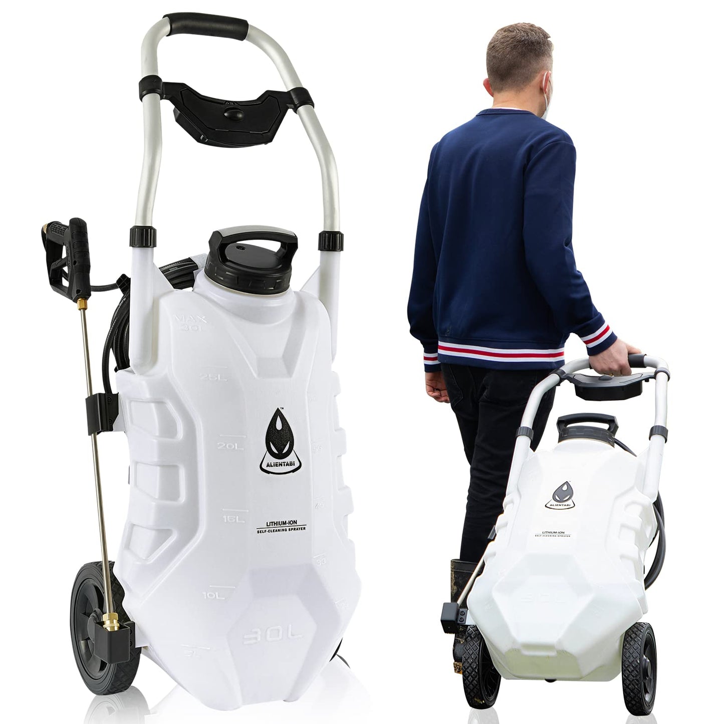 ALIENTABI 8 Gallon Backpack Sprayer with a Cart, Self-Cleaning Garden Sprayer, Heavy Duty Sprayer for Weeding, Cleaning, No Gear Limit, Variable Pressure
