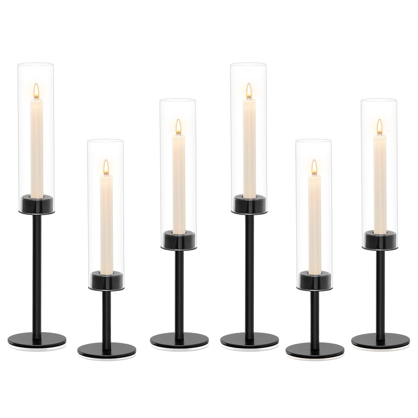 Black Hurricane Glass Candle Holders Set of 6, Tall Metal Taper Candle Stick Holder, Clear Candlestick Holders, Table Centerpieces Decor for Dining Dinner, Weddings, Christmas Fireplace Decorations