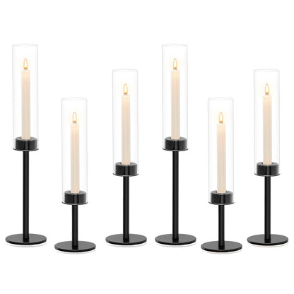 Black Hurricane Glass Candle Holders Set of 6, Tall Metal Taper Candle Stick Holder, Clear Candlestick Holders, Table Centerpieces Decor for Dining Dinner, Weddings, Christmas Fireplace Decorations