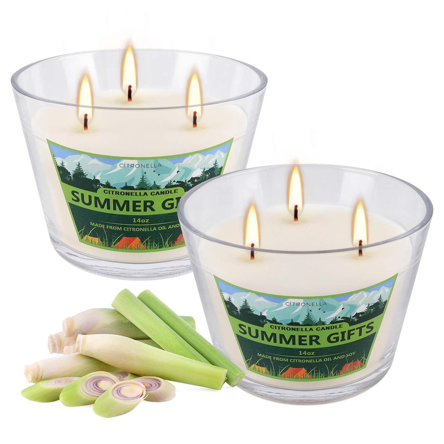 CAKETYCG 2 Pack 3-Wick Glass Cup Citronella Candles(14oz), Natural Soy Wax Clean Burning & Smokeless,citronella Scented Candle & Outdoor Candle,Camping Bar Counter Yard, Summer Gift.