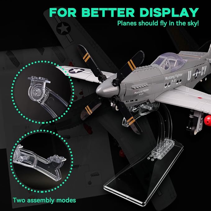 P-51 Mustang Fighter Airplane Military Building Set with Display Stand - 258 Piece Model Kit for Adults Collectors &amp Hobbyists