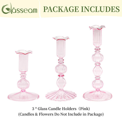 Glasseam Tapered Candlestick Holders Pink: Set of 3 Glass Candle Sticks Holder Decor with Bobeche Modern Ribbed Taper Candle Holders for Table Centerpiece Valentines Wedding Home Decorations