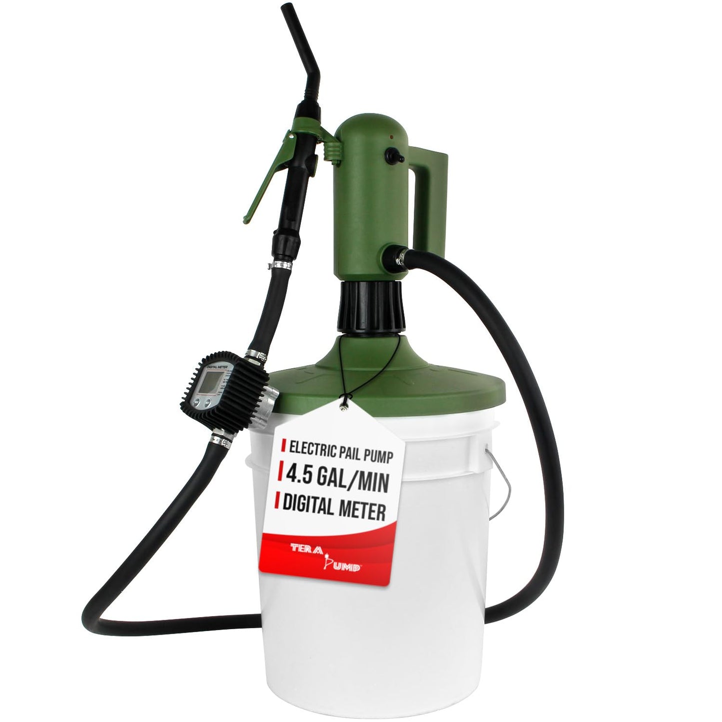TERA PUMP - Electronic 35L Metered Pail Transfer Pump (4.5 Gal/Min) Flow Control Nozzle 16.5 in 22.6 in Intake Tube Fits 5 Gallon Pail Buckets (Engine Oil Hydraulic Fluid DEF Gas Diesel)