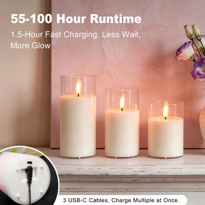Rechargeable Flameless Glass Pillar Candles – Real Wax Flameless Candles Home Decorations,–Set of 3, Realistic Flickering LED Light,Remote & Timer, Ideal for Living Room, Bedroom & Festival Décor