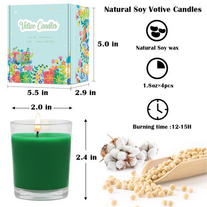 Set of 4 Green Votive Candles for Christmas and St. Patrick's Day, Clear Glass Filled Unscented Soy Wax Candle for Spring Home Decoration and DIY