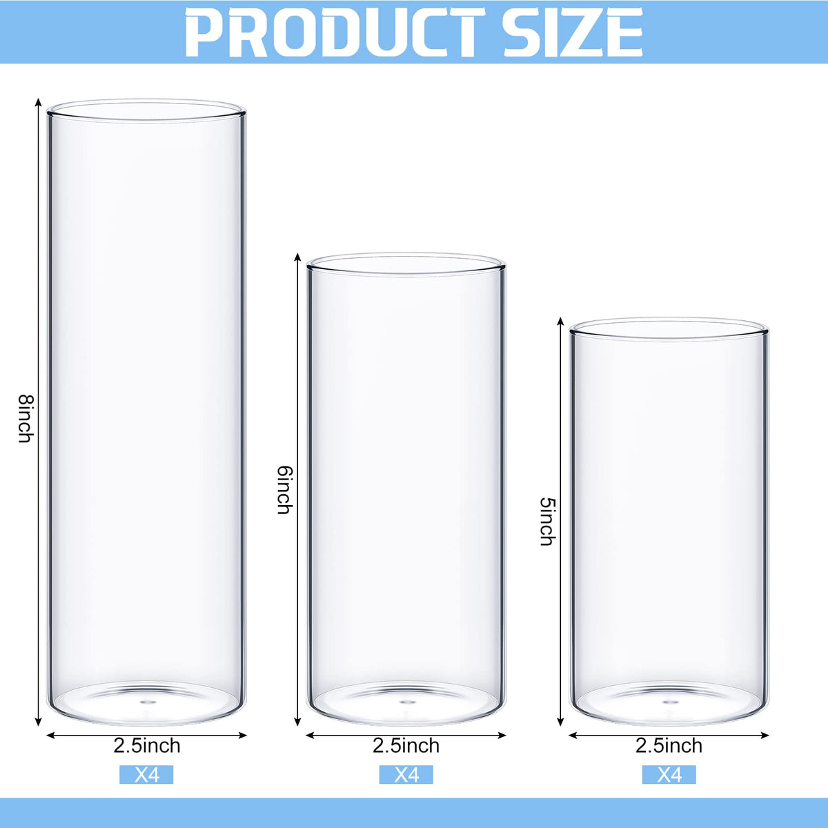 Didaey 12 Pcs Thin Cylinder Vases Set for Centerpieces 2.5'' Diameter 2mm Thickness Clear Glass Vase Hurricane Floating Candle Holder for Wedding Table Decoration (2.5'' X 5'',6'',8'')