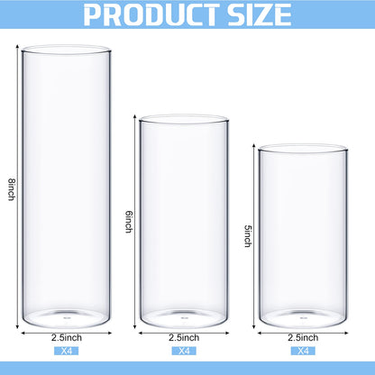 Didaey 12 Pcs Thin Cylinder Vases Set for Centerpieces 2.5'' Diameter 2mm Thickness Clear Glass Vase Hurricane Floating Candle Holder for Wedding Table Decoration (2.5'' X 5'',6'',8'')