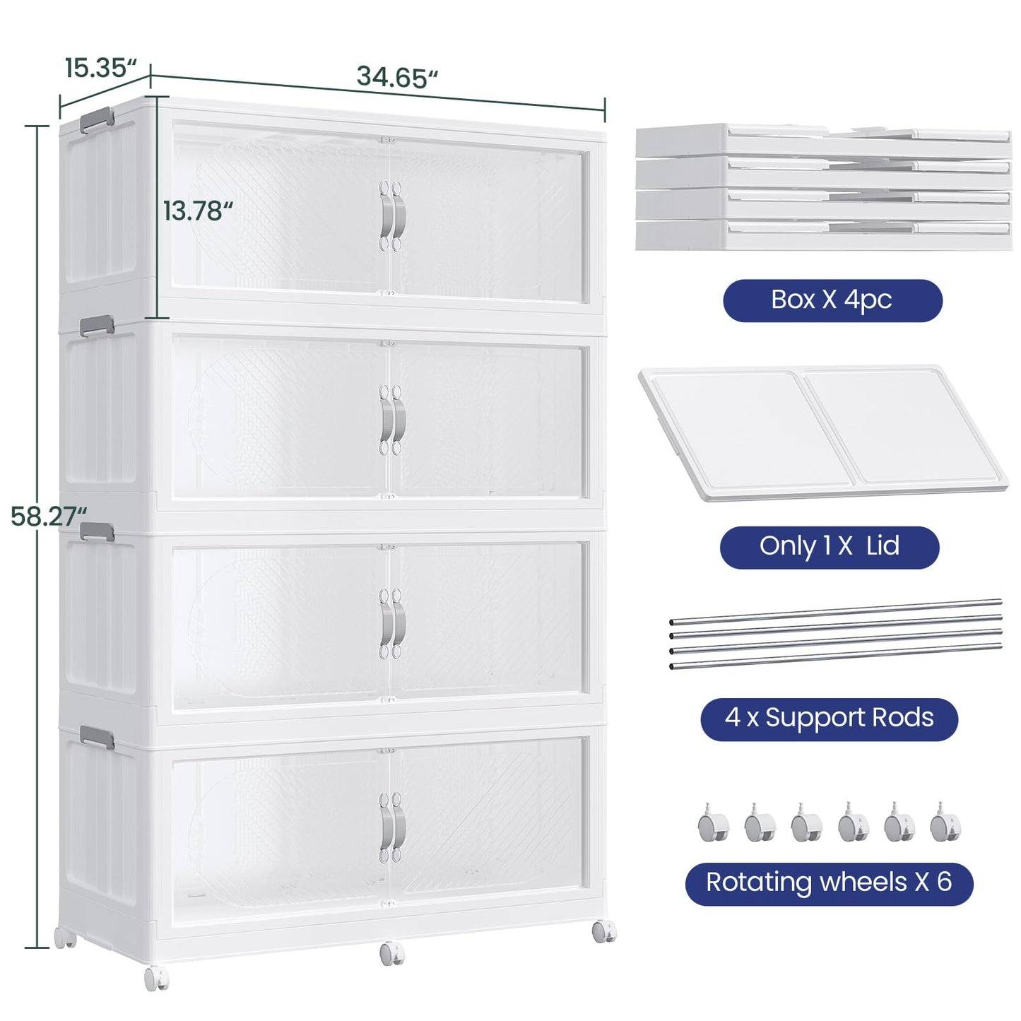 QAVABIN 960QT Extra Large Stackable Storage Bins with Lid, 240Gal Plastic Closet Organizers and Storage Drawer, Collapsible Cabinet Box with Wheels Clear Doors for Home Kitchen Office, 4Pack White
