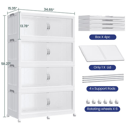 QAVABIN 960QT Extra Large Stackable Storage Bins with Lid, 240Gal Plastic Closet Organizers and Storage Drawer, Collapsible Cabinet Box with Wheels Clear Doors for Home Kitchen Office, 4Pack White