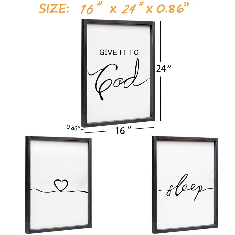 Set of 3 Framed Farmhouse Give it to God and Go to Sleep Signs Above Bed Wall Decors for Bedroom Wood Signs (Black, 16x24 inches)
