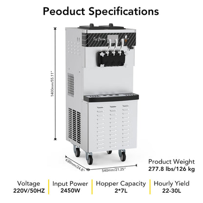 MilleLoom 2450W Commercial Soft Ice Cream Machine 3 Flavors 5.8 to 8.2 Gallon Per Hour PreCooling At Night Auto Clean LCDPanel for Restaurants Snack Bar, Sliver