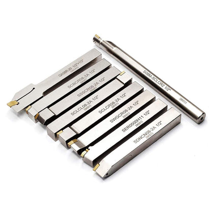 OSCARBIDE 1/2"Shank Nickel Plated Indexable Lathe Turning Tool Holder and Boring Bar 9 Pieces/Set,CNC Heavy-Duty Metal Lathe Cuting Tools for Turning Grooving Threading Cut Off