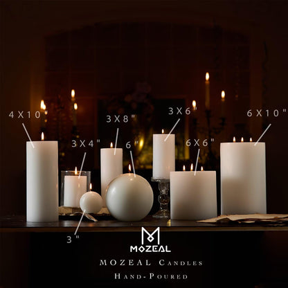 MOZEAL 4" x 10" Extra-Large White Pillar Candles (Set of 2), Unscented,Dripless, Smokeless,Long Clean-Burning,These Tall 10 inch Large White Pillar Candles Perfect for Weddings and Christmas Decor