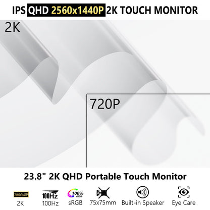Prechen 23.8 Inch 2K 100Hz Large Portable Touchscreen Monitor 100% sRGB IPS Portable Touch Display QHD w/90° Adjustable Stand USB-C HDMI Laptop Monitor Desktop 2560X1440