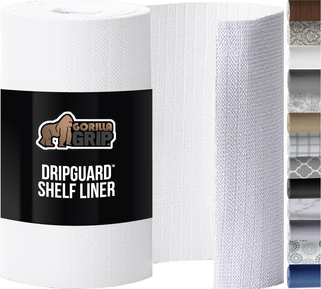 GORILLA GRIP DripGuard Shelf Liner, Non-Adhesive Drawer and Kitchen Cabinet Protector, Strong Grip Slip Resistant Underside, Smooth Surface Liners for Cabinets, Bathroom Closets, 17.5x120 Inch, White