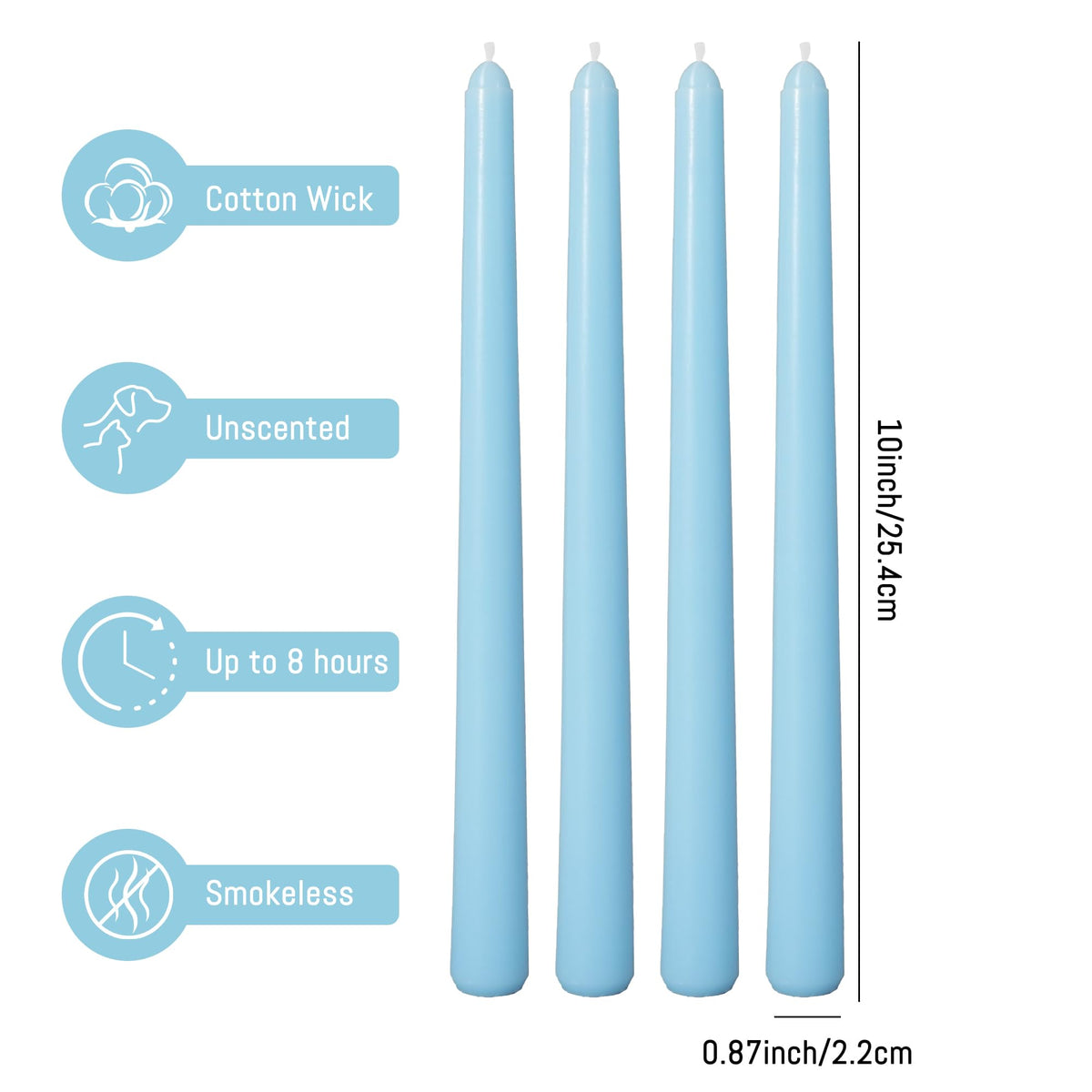 Viyffo Taper Candles, 10 Inch, 20 Pack, Sky Blue – Unscented, Dripless & Smokeless Design, Up to 8 Hour Burn – Long Tall Taper Candlesticks for Wedding, Dinner & Home Decor