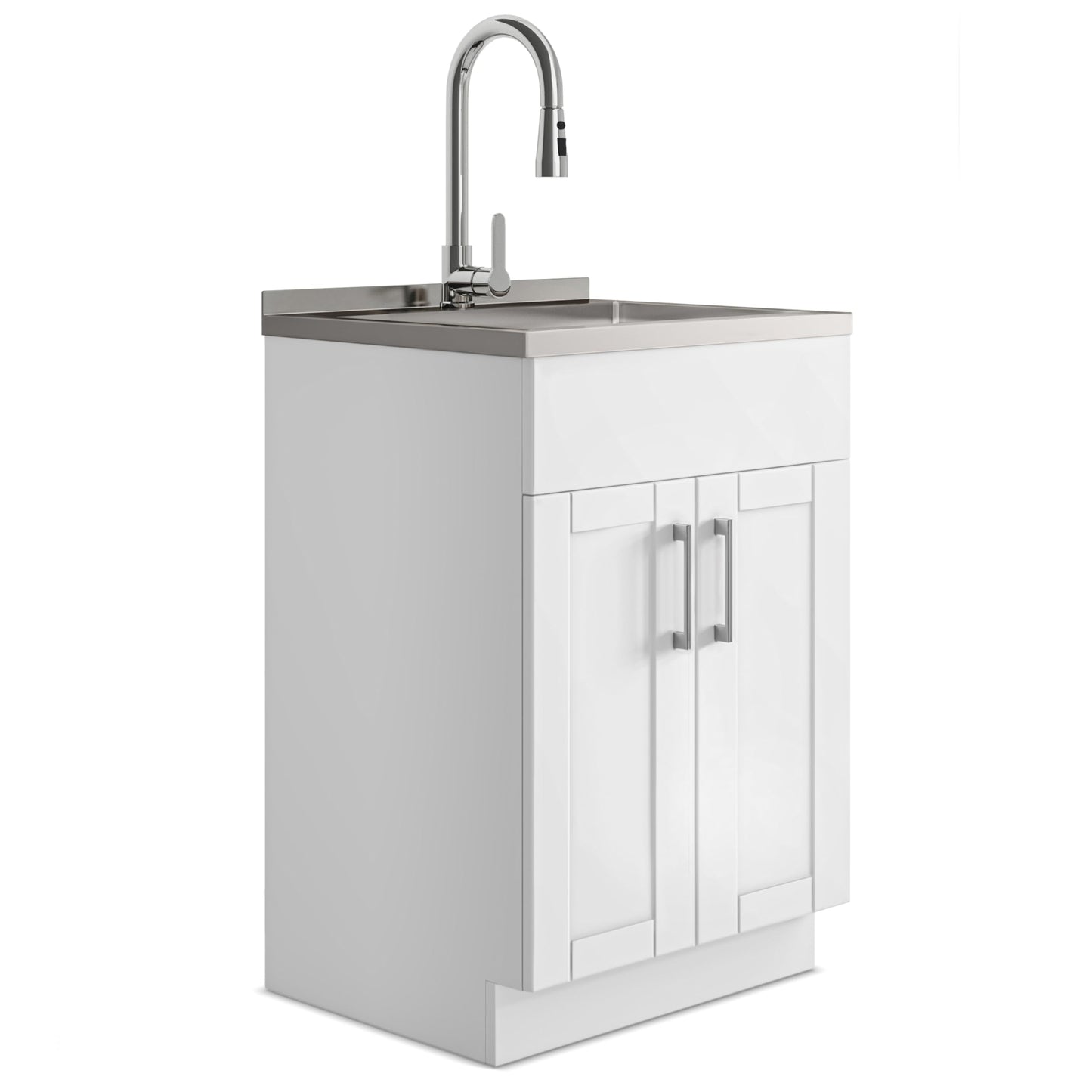 SIMPLIHOME Modern Wide Shaker All-in-One 24 inch Wide Utility Sink and Laundry Cabinet in Pure White Finish, Transitional Stainless Steel Sink Cabinet for Laundry Rooms with High-Arch Chrome Faucet
