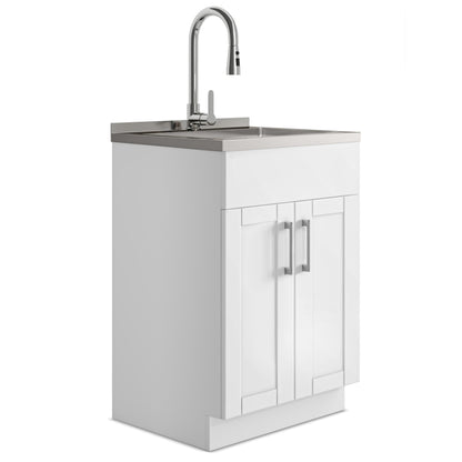 SIMPLIHOME Modern Wide Shaker All-in-One 24 inch Wide Utility Sink and Laundry Cabinet in Pure White Finish, Transitional Stainless Steel Sink Cabinet for Laundry Rooms with High-Arch Chrome Faucet