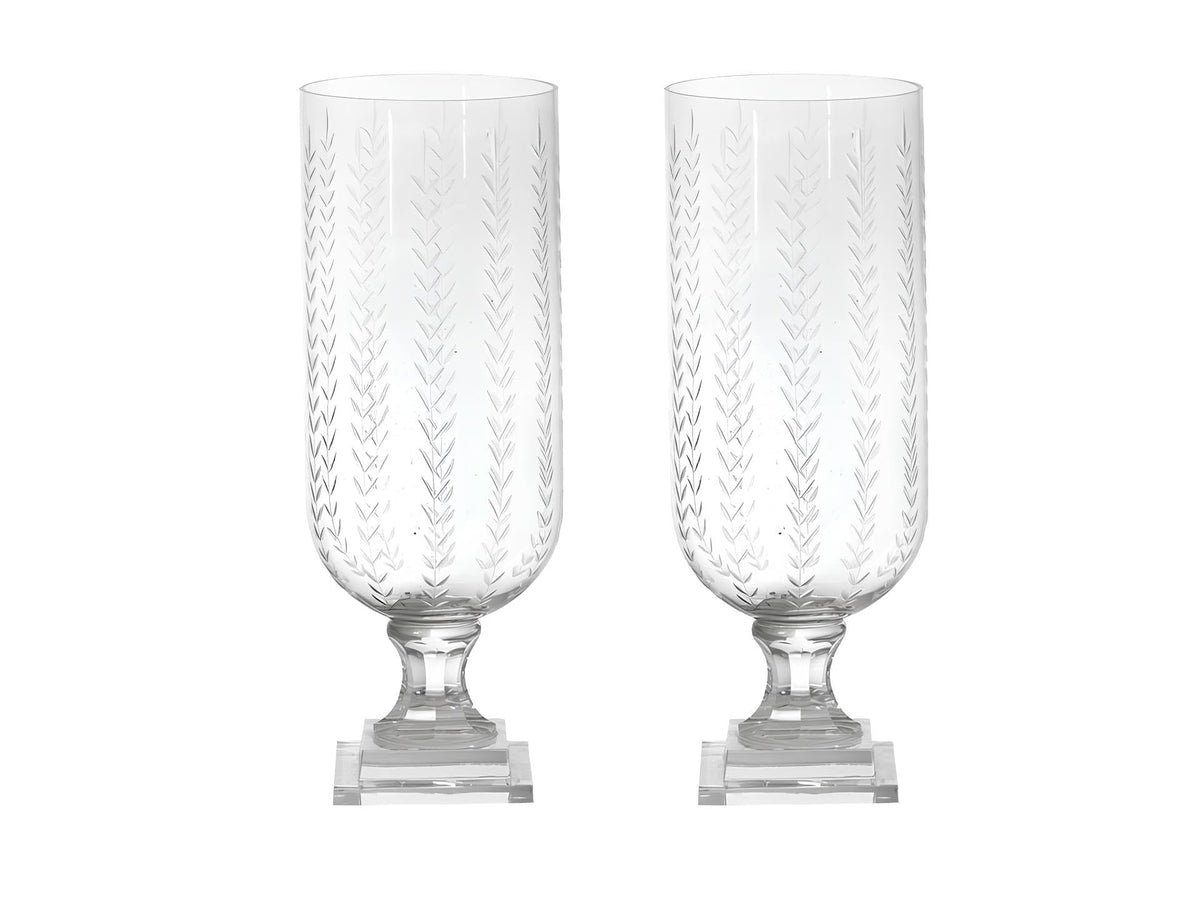 Vertical Leaf Design Glass Hurricane Lamp Lantern, Set of 2 Candle Holder Vase