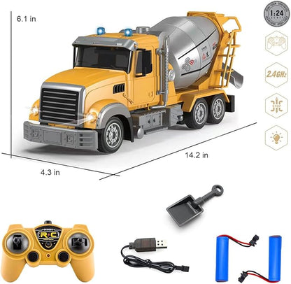 Fistone RC Cement Mixer Toy 6 Channel Truck with Lights 1:24 Electric 360 Degree Stirring Vehicle Rechargeable Construction Truck for Kids
