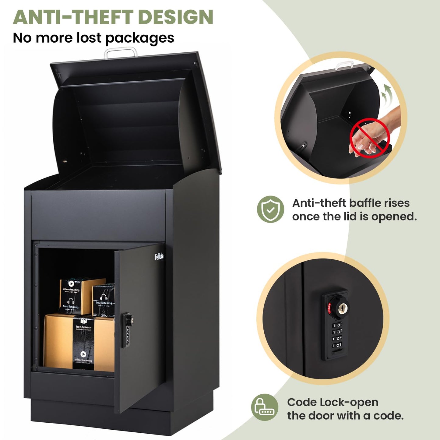 Feliluke Large Outdoor Package Delivery Box, Heavy-Duty Metal Parcel Drop Box, Waterproof & Anti-Theft, Secure Lockable Mailbox for Porch, Curbside & Business Use