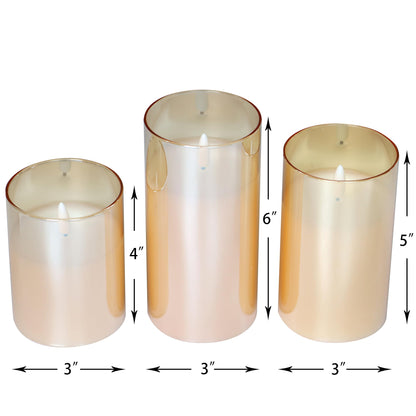 CANDLE CHOICE Real Wax Battery Operated Flameless Pillar Candles with Remote Timer Gold Glass Shell Realistic Black Wick Flickering Electric LED Lights Wedding Halloween Christmas Decorations 3 Pack