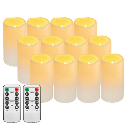 Biyanuo 12PACK Outdoor Plastic flameless Candles with Remote Control and Timer, LED Flickering Battery Operated Electric Pillar Candles (D3 xH5.5) for Camping, Weddings, Home Decoration